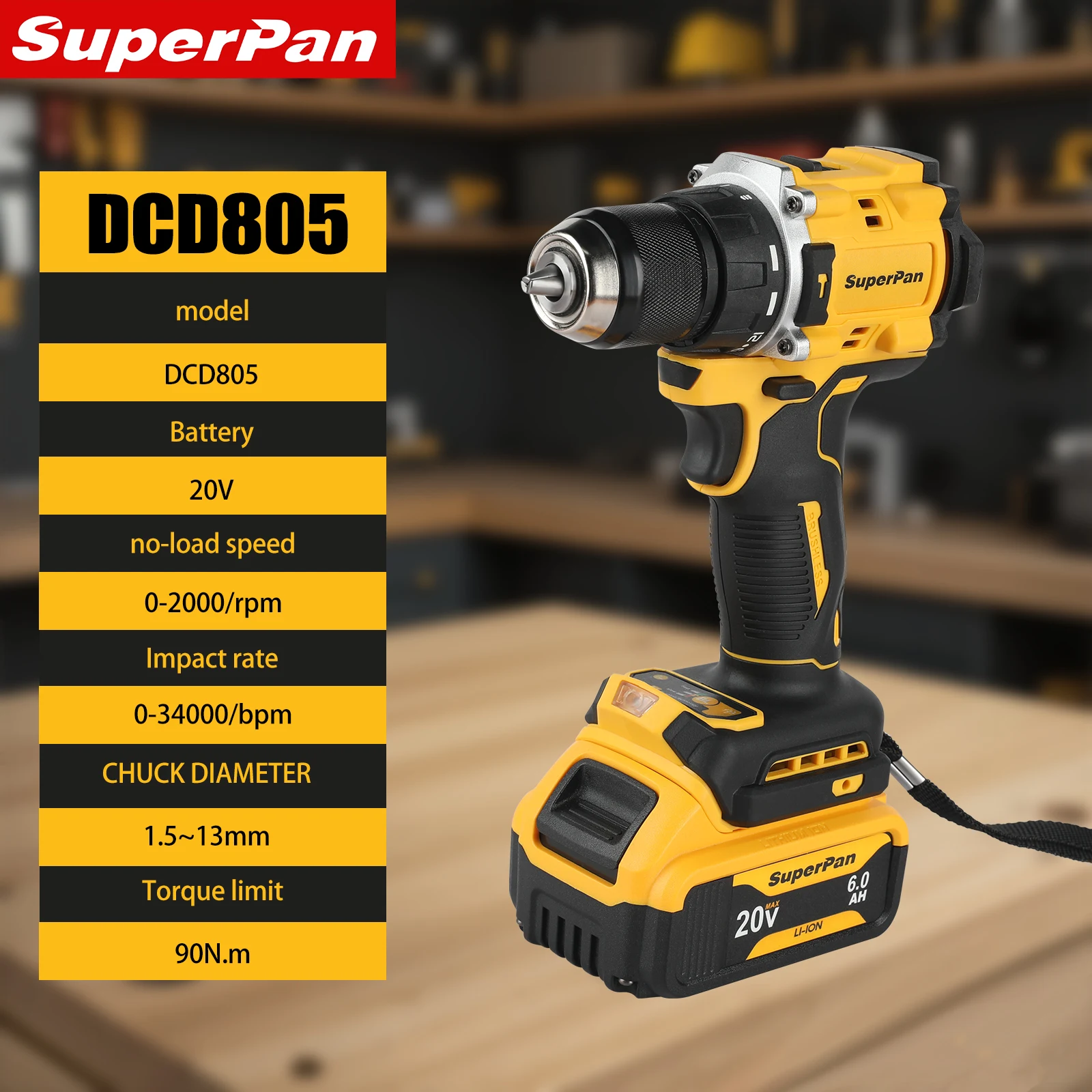 SuperPan SP805 Brushless Drill Rechargeable Lithium Battery 90N.m Torque High Performance Durable for dewalt 20V battery pin
SuperPan SP805 Brushless Drill Rechargeable Lithium Battery 90N.m Torque High Performance Durable for dewalt 20V battery pin