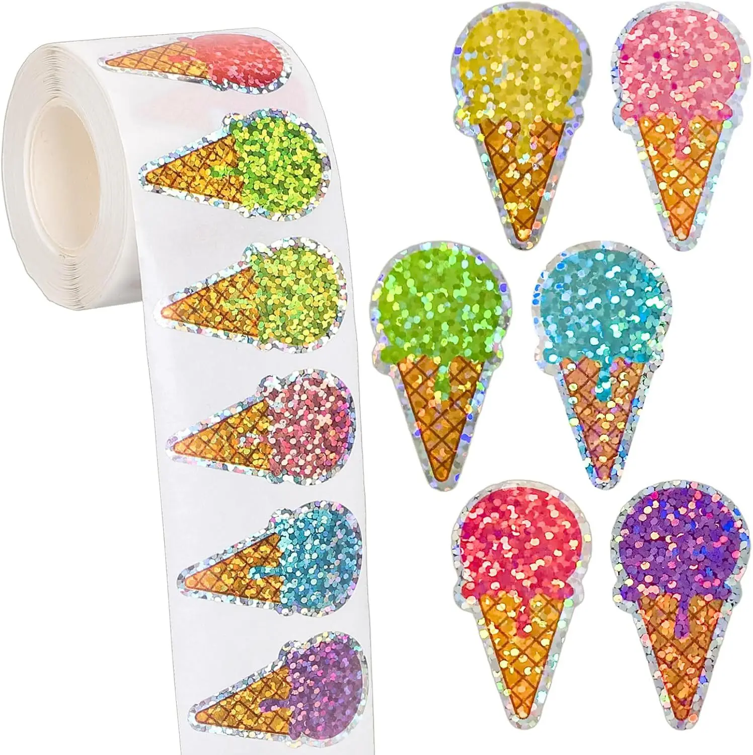 500pcs/roll–Holographic ice lolly and cone stickers roll-pack gift decorations envelope seals and food-themed decorative sticker
500pcs/roll–Holographic ice lolly and cone stickers roll-pack gift decorations envelope seals and food-themed decorative sticker