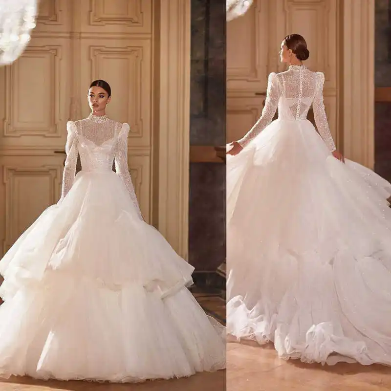 Luxury Wedding Dresses High Neck Long Sleeve Lace Sequined Beads Ball Gown Bridal Gown Vestido De Novia Customized
Luxury Wedding Dresses High Neck Long Sleeve Lace Sequined Beads Ball Gown Bridal Gown Vestido De Novia Customized