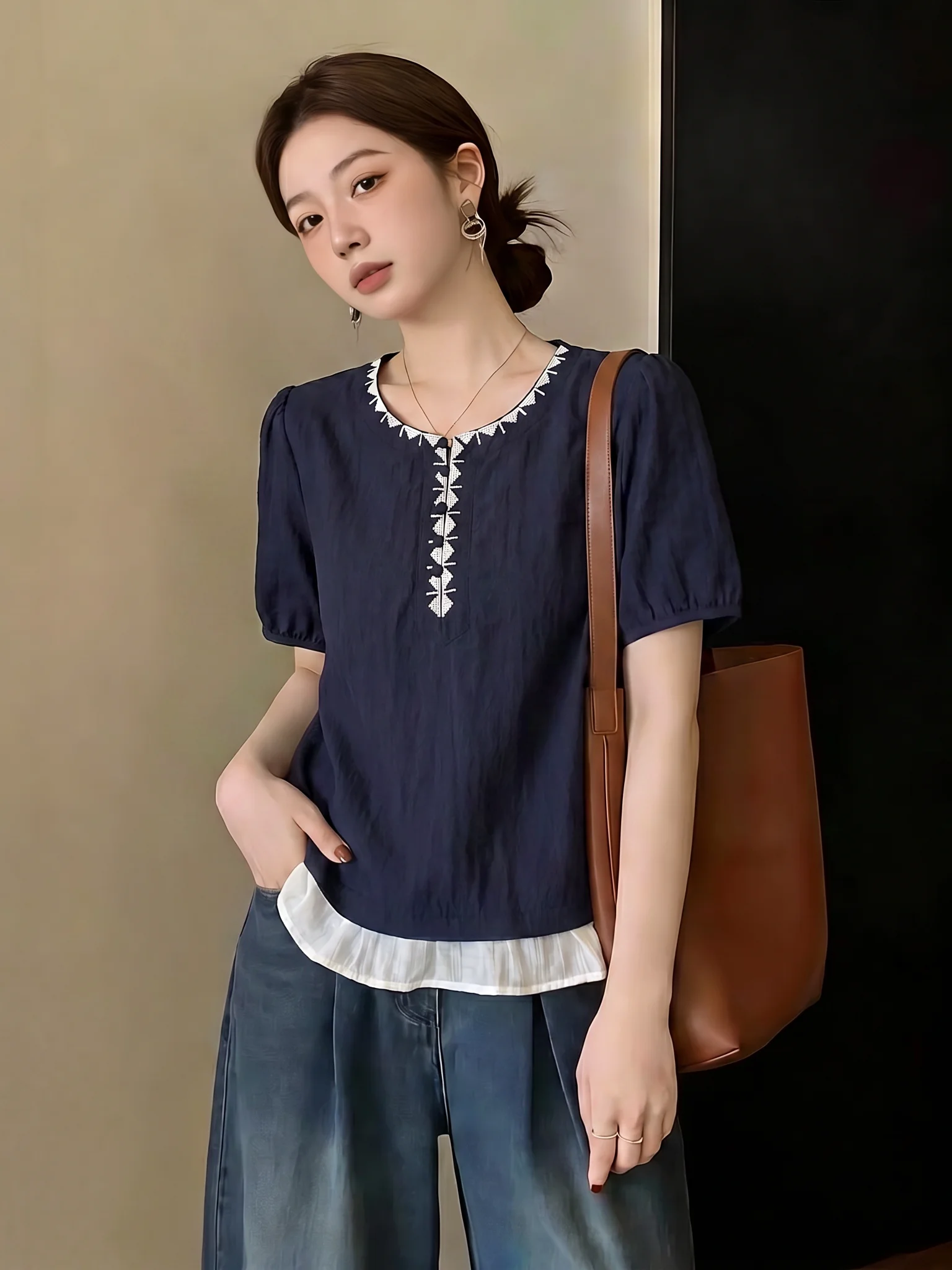 Dark Blue Ethnic Style Embroidered Short Sleeve Shirt Women's Summer New plus Size Fat MM Fake Two-Piece Top Commute Style Lo...
Dark Blue Ethnic Style Embroidered Short Sleeve Shirt Women's Summer New plus Size Fat MM Fake Two-Piece Top Commute Style Lo...