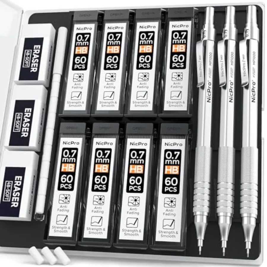 0.7 Metal Mechanical Pencil Set with Case, 3PCS MP1000 Artist Lead Pencil With 8 Tube HB Refills, 3 Erasers, 9 Eraser Refill Fo
0.7 Metal Mechanical Pencil Set with Case, 3PCS MP1000 Artist Lead Pencil With 8 Tube HB Refills, 3 Erasers, 9 Eraser Refill Fo