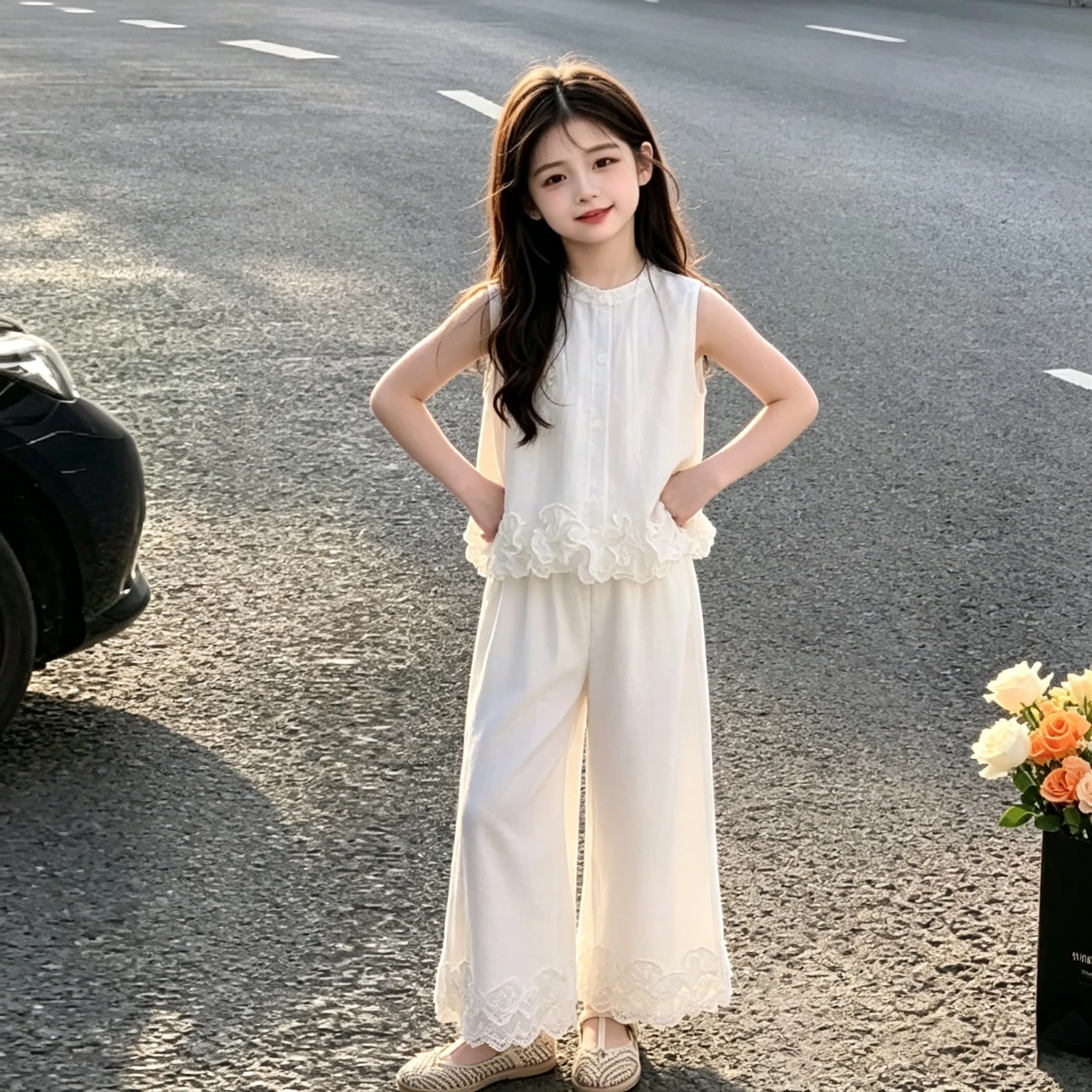 Teenage Girls 2 Piece Set White Outfit Lace Ruffle Sleeveless Top + Wide Leg Pants Summer Casual Cotton Suit Children's Clothes
Teenage Girls 2 Piece Set White Outfit Lace Ruffle Sleeveless Top + Wide Leg Pants Summer Casual Cotton Suit Children's Clothes