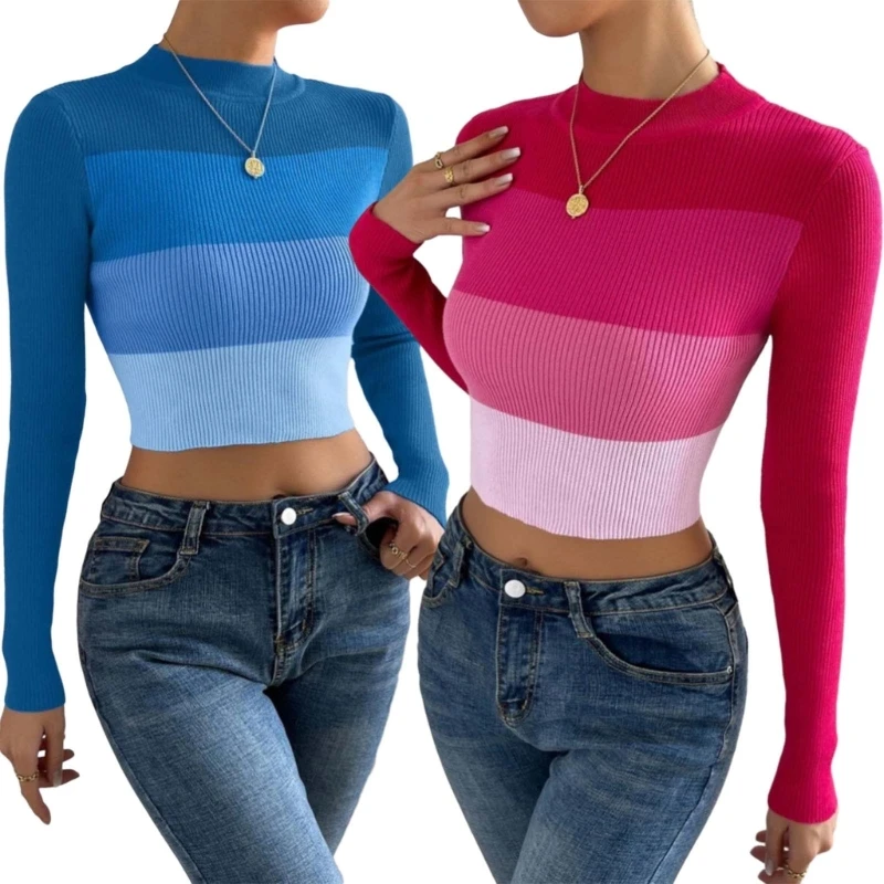 Women Mock Neck Long Sleeve Skinny Crop Top Harajuku Colorblock Striped Ribbed Knit Bodycon Pullover Sweater Streetwear
Women Mock Neck Long Sleeve Skinny Crop Top Harajuku Colorblock Striped Ribbed Knit Bodycon Pullover Sweater Streetwear