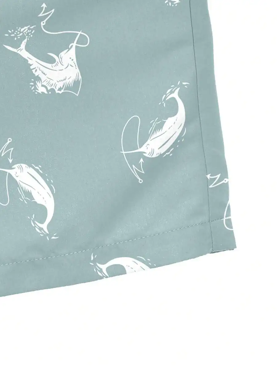 Mens Fish Print Drawstring Waist Beach Shorts Light Blue Swim Trunks
Mens Fish Print Drawstring Waist Beach Shorts Light Blue Swim Trunks