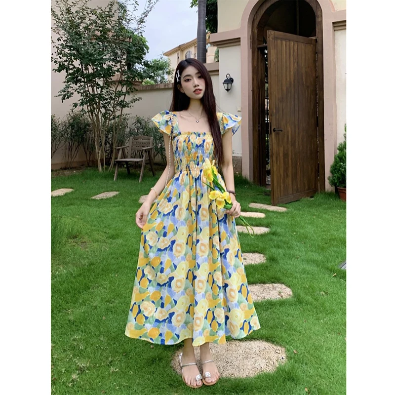 Vacation Style Floral Oil Painting Style Dress Women Summer Sweet High Waist Thin A-line Yellow Mid Length Dress Female
Vacation Style Floral Oil Painting Style Dress Women Summer Sweet High Waist Thin A-line Yellow Mid Length Dress Female