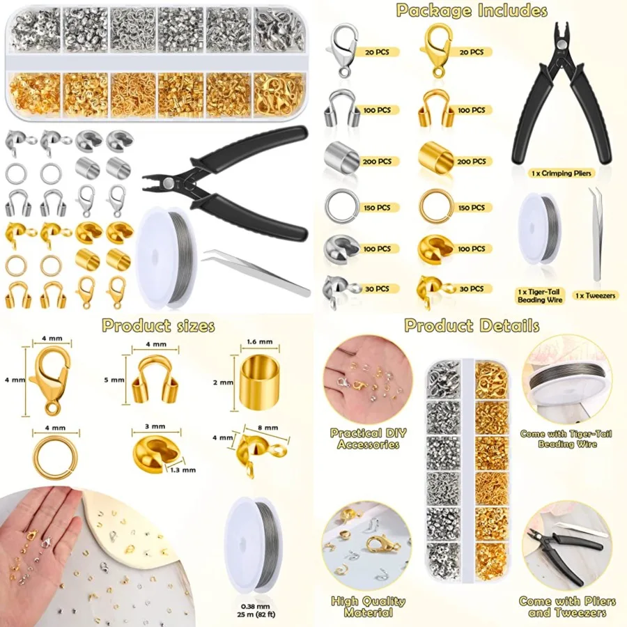 1200 Pcs Crimp Beads Supplies for Jewelry Making, Including Crimp Covers, Crimp Tubes and Wire Guardians, Lobster Clasps, Jump Rings, Crimping Pliers and Beading Wire for Bracelets Making
1200 Pcs Crimp Beads Supplies for Jewelry Making, Including Crimp Covers, Crimp Tubes and Wire Guardians, Lobster Clasps, Jump Rings, Crimping Pliers and Beading Wire for Bracelets Making