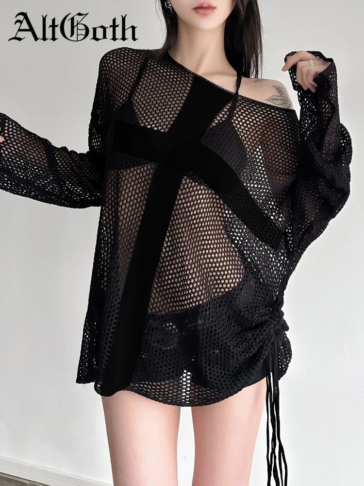 AltGoth Cyber Punk Gothic T-shirt Women Streetwear Harajuku Grunge Sexy See Through Cross Patchwork Long Sleeve O-neck Tee Tops
AltGoth Cyber Punk Gothic T-shirt Women Streetwear Harajuku Grunge Sexy See Through Cross Patchwork Long Sleeve O-neck Tee Tops