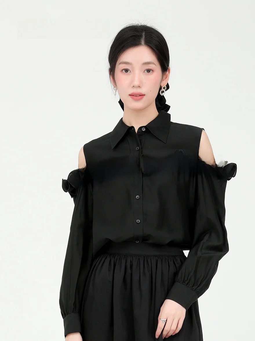 Elegant Black Lace Trim Shirt Women's Shoulder Bared Long Sleeve Spring 2026 Dailanzhi Straight Cut Fashion Casual Shirt
Elegant Black Lace Trim Shirt Women's Shoulder Bared Long Sleeve Spring 2026 Dailanzhi Straight Cut Fashion Casual Shirt