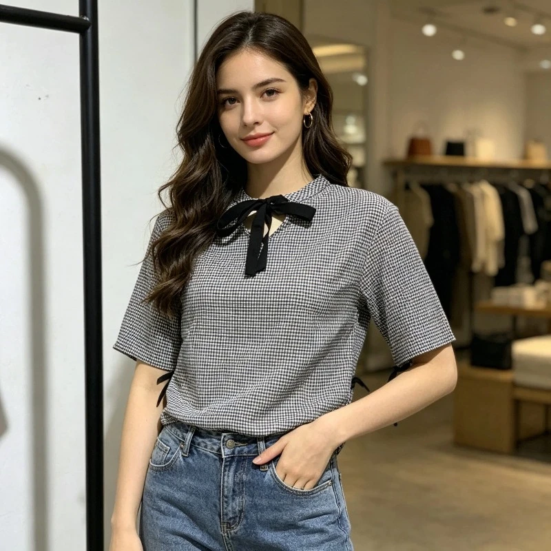 New Vintage Summer Plaid Bow Tie Round Neck Women's Loose Large Size Shirt Fashionable Solid Color Elegant Short-sleeved Blouse
New Vintage Summer Plaid Bow Tie Round Neck Women's Loose Large Size Shirt Fashionable Solid Color Elegant Short-sleeved Blouse