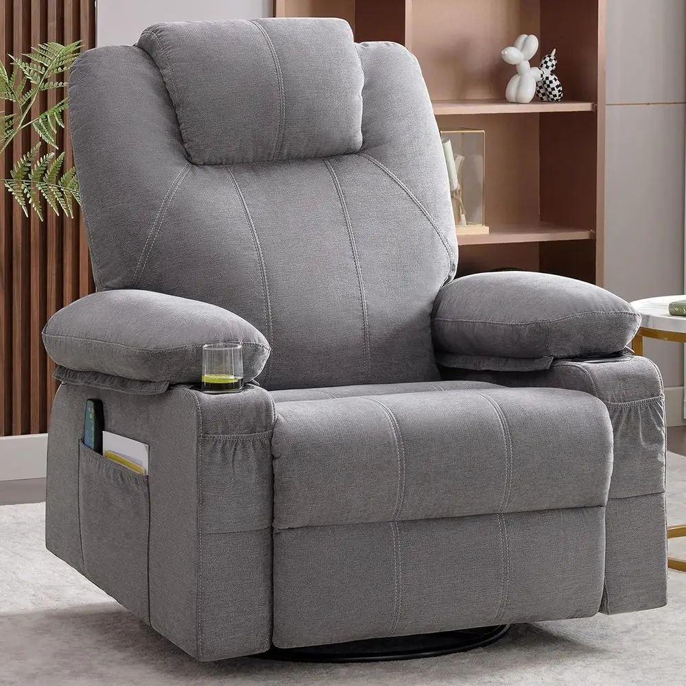 Grey Fabric 360-Degree Swivel Rocker Recliner with Heat, Massage, and USB Port
Grey Fabric 360-Degree Swivel Rocker Recliner with Heat, Massage, and USB Port