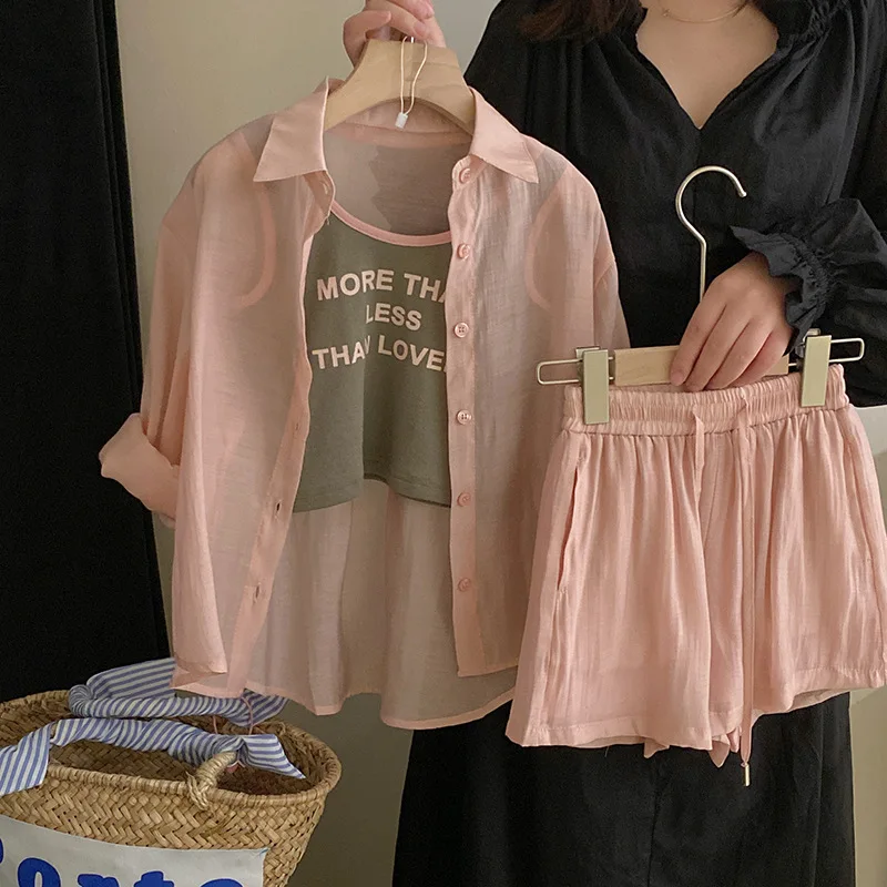 Thin Shirt Three Piece Set Korean Fashion Summer New Cute Casual Temperament Loose Halter Tops Shirt Shorts Three Piece Set
Thin Shirt Three Piece Set Korean Fashion Summer New Cute Casual Temperament Loose Halter Tops Shirt Shorts Three Piece Set