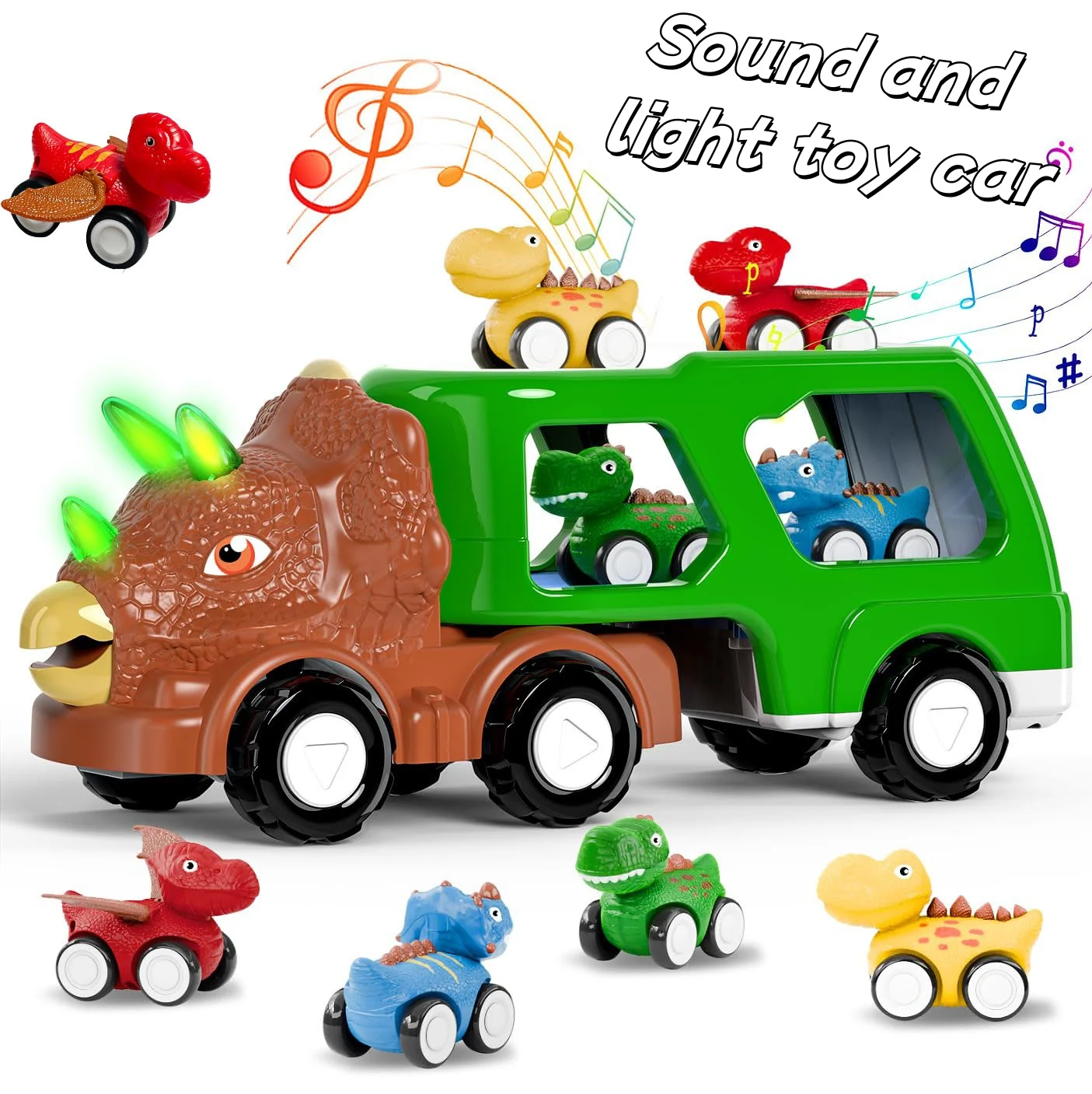 Children's Dinosaur Truck Toy, 5-in-1 Dinosaur Truck with Dinosaur Sounds and Lights, with 4 Pull Back Dinosaur Cars
Children's Dinosaur Truck Toy, 5-in-1 Dinosaur Truck with Dinosaur Sounds and Lights, with 4 Pull Back Dinosaur Cars