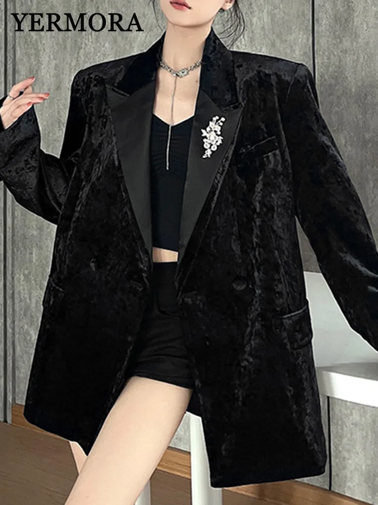 YERMORA, черная бархатная брошь, карман, повседневный пиджак для женщин, свободная новая куртка с лацканами и длинными рукавами, модная весна-осень 2025 
YERMORA, черная бархатная брошь, карман, повседневный пиджак для женщин, свободная новая куртка с лацканами и длинными рукавами, модная весна-осень 2025