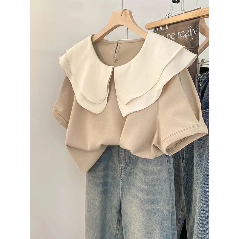 Summer Fashion Peter Pan Collar Elegant Short Sleeve Shirts Women Loose French Style Patchwork Thin Tops
Summer Fashion Peter Pan Collar Elegant Short Sleeve Shirts Women Loose French Style Patchwork Thin Tops