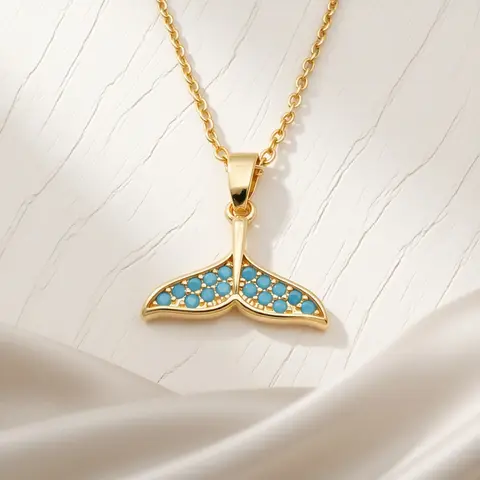 Whale Tail Pendant Necklace Inlaid Round Glossy Gemstone Ocean Theme Jewelry Anniversary Vacation Festival Presents for Ladies