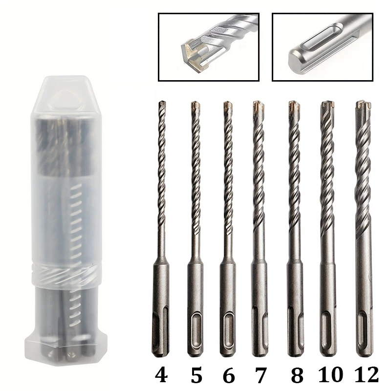 SDS Plus Drill Bit Set 7 Pieces, Concrete Drill Bit 110mm(Diameter4, 5, 6, 7, 8, 10,12mm), Hammer Drill Bit with 4 Cutting Edges
SDS Plus Drill Bit Set 7 Pieces, Concrete Drill Bit 110mm(Diameter4, 5, 6, 7, 8, 10,12mm), Hammer Drill Bit with 4 Cutting Edges