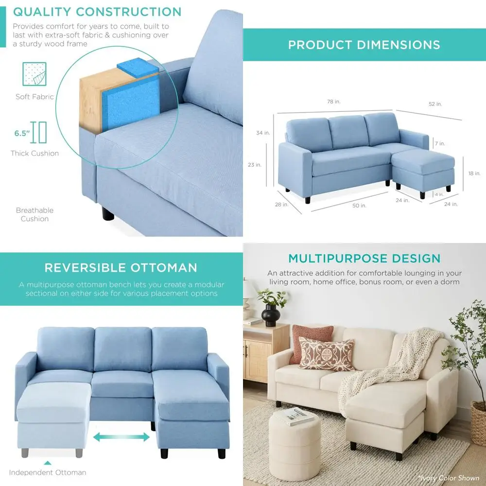 Compact Light Blue Chaise Lounge Sectional Sofa for Home, Dorms, and Small Spaces with Reversible Ottoman Bench, 680lb Capacity
Compact Light Blue Chaise Lounge Sectional Sofa for Home, Dorms, and Small Spaces with Reversible Ottoman Bench, 680lb Capacity