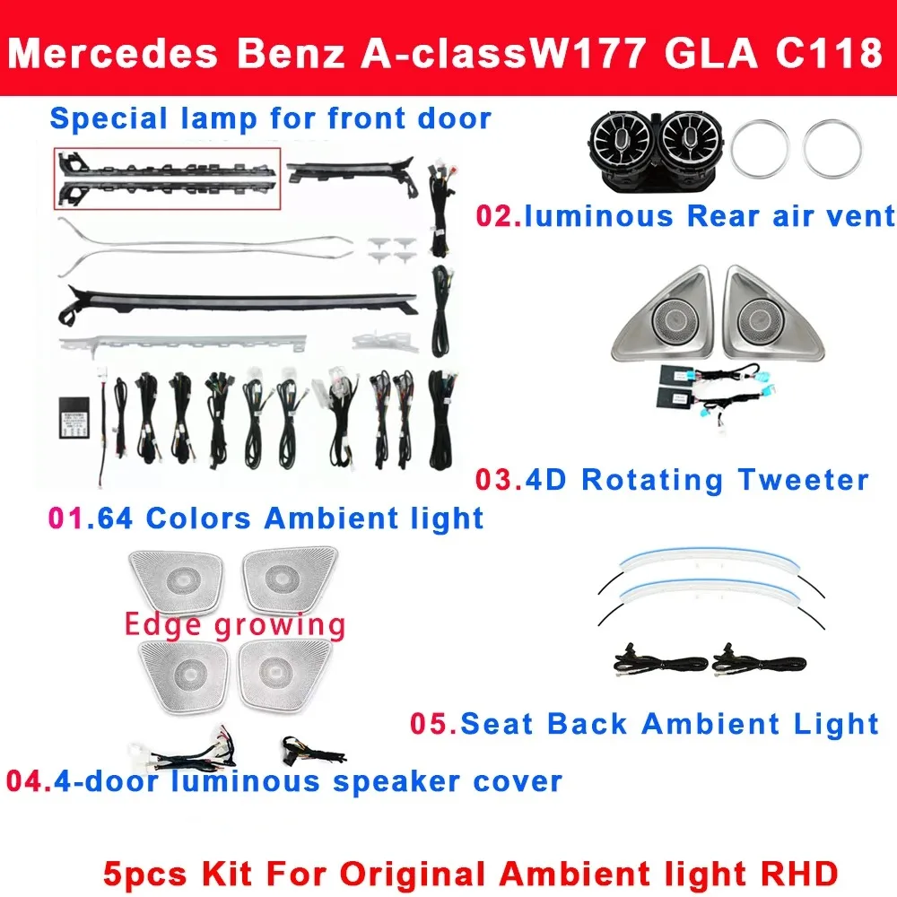 Для Mercedes Benz A/B/CLA/GLA/GLB W177 C118 LHD RHD 64-цветная крышка динамика 4D вращающийся твитер комплект заднего сиденья окружающего освещения
Для Mercedes Benz A/B/CLA/GLA/GLB W177 C118 LHD RHD 64-цветная крышка динамика 4D вращающийся твитер комплект заднего сиденья окружающего освещения