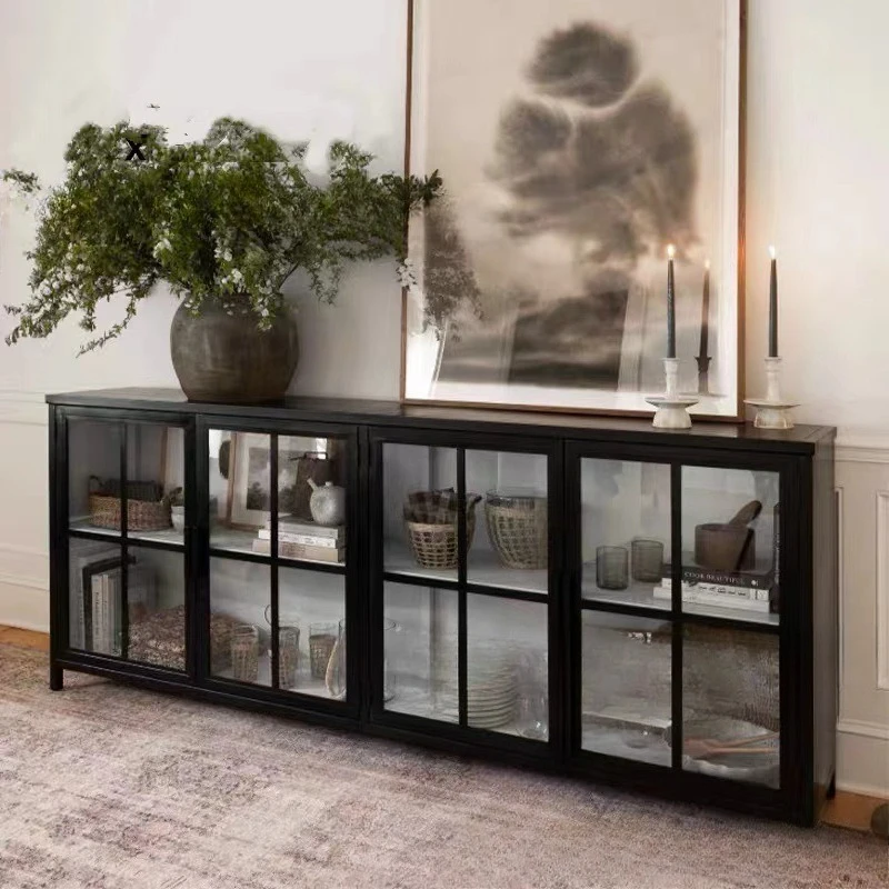 American retro solid wood dining side cabinet household living room storage wrought iron glass door 
American retro solid wood dining side cabinet household living room storage wrought iron glass door