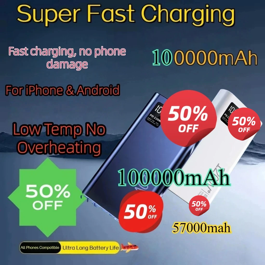 57000mAh 100000mAh 120W Super Fast Charging PD Portable Large Capacity External Battery Mobile Power Bank For iPhone Xiaomi
57000mAh 100000mAh 120W Super Fast Charging PD Portable Large Capacity External Battery Mobile Power Bank For iPhone Xiaomi