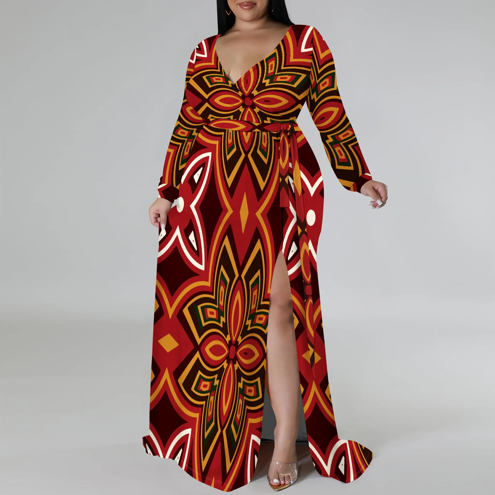 Plus Size Long Sleeve Red Floral Print Wrap Maxi Dress for Women, Elegant Dress with Side Slit for Special Occasions
Plus Size Long Sleeve Red Floral Print Wrap Maxi Dress for Women, Elegant Dress with Side Slit for Special Occasions