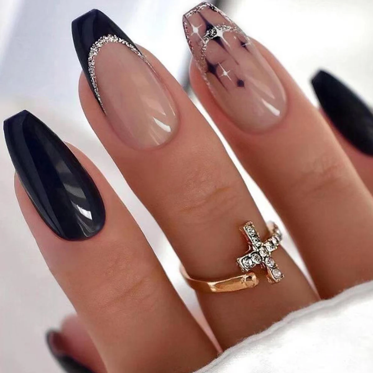 Edgy Black French Star Glitter Press On Nails, Long Coffin Style, Luxury Versatile Reusable Fake Nails
Edgy Black French Star Glitter Press On Nails, Long Coffin Style, Luxury Versatile Reusable Fake Nails