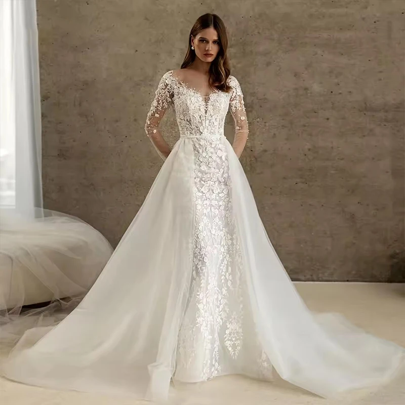Elegant Detachable Train Weddingdress Organza With Embroidery Bead Mermaid Ballgown Fullsleeve O-Neck Customized Vestido De Novi
Elegant Detachable Train Weddingdress Organza With Embroidery Bead Mermaid Ballgown Fullsleeve O-Neck Customized Vestido De Novi