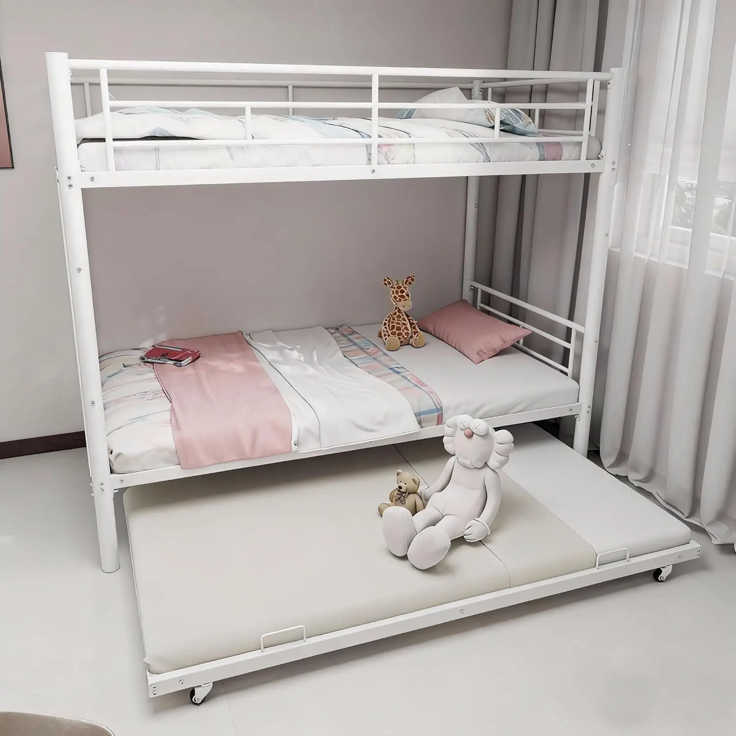 White Bunk Bed Twin Over Twin with Trundle, Metal Bunk Bed with Built-in Ladder and Safety Guardrail, Space-Saving, Customized
White Bunk Bed Twin Over Twin with Trundle, Metal Bunk Bed with Built-in Ladder and Safety Guardrail, Space-Saving, Customized