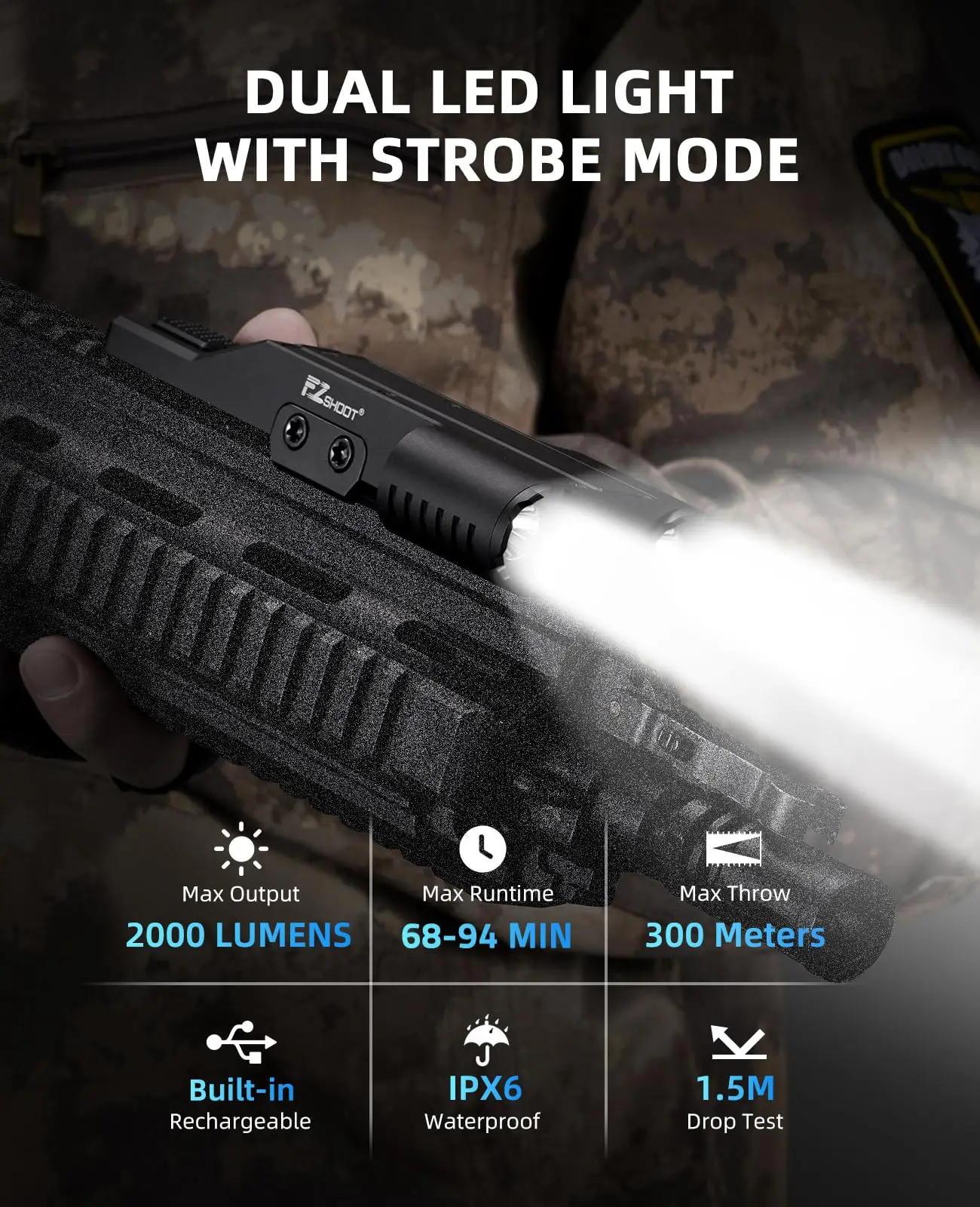 EZshoot 2000 Lumen Dual LED Rifle Light Tactical Flashlight USB Rechargeable Low Profile for Picatinny Rail with Strobe Mode
EZshoot 2000 Lumen Dual LED Rifle Light Tactical Flashlight USB Rechargeable Low Profile for Picatinny Rail with Strobe Mode