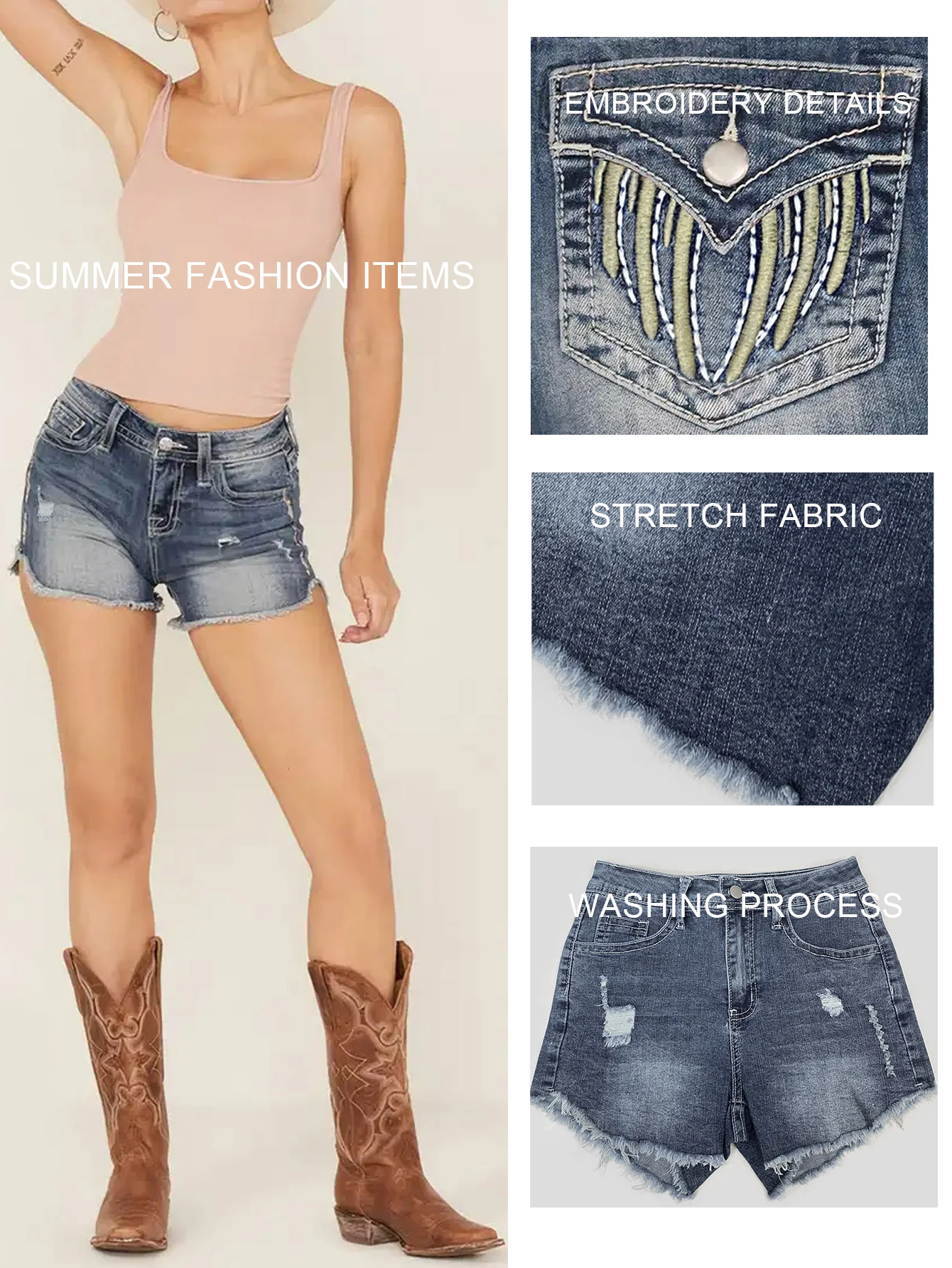 Women's dark blue stretch mid-rise straight denim shorts, whisker and raw edge hem, embroidered back pockets, summer versatile
Women's dark blue stretch mid-rise straight denim shorts, whisker and raw edge hem, embroidered back pockets, summer versatile