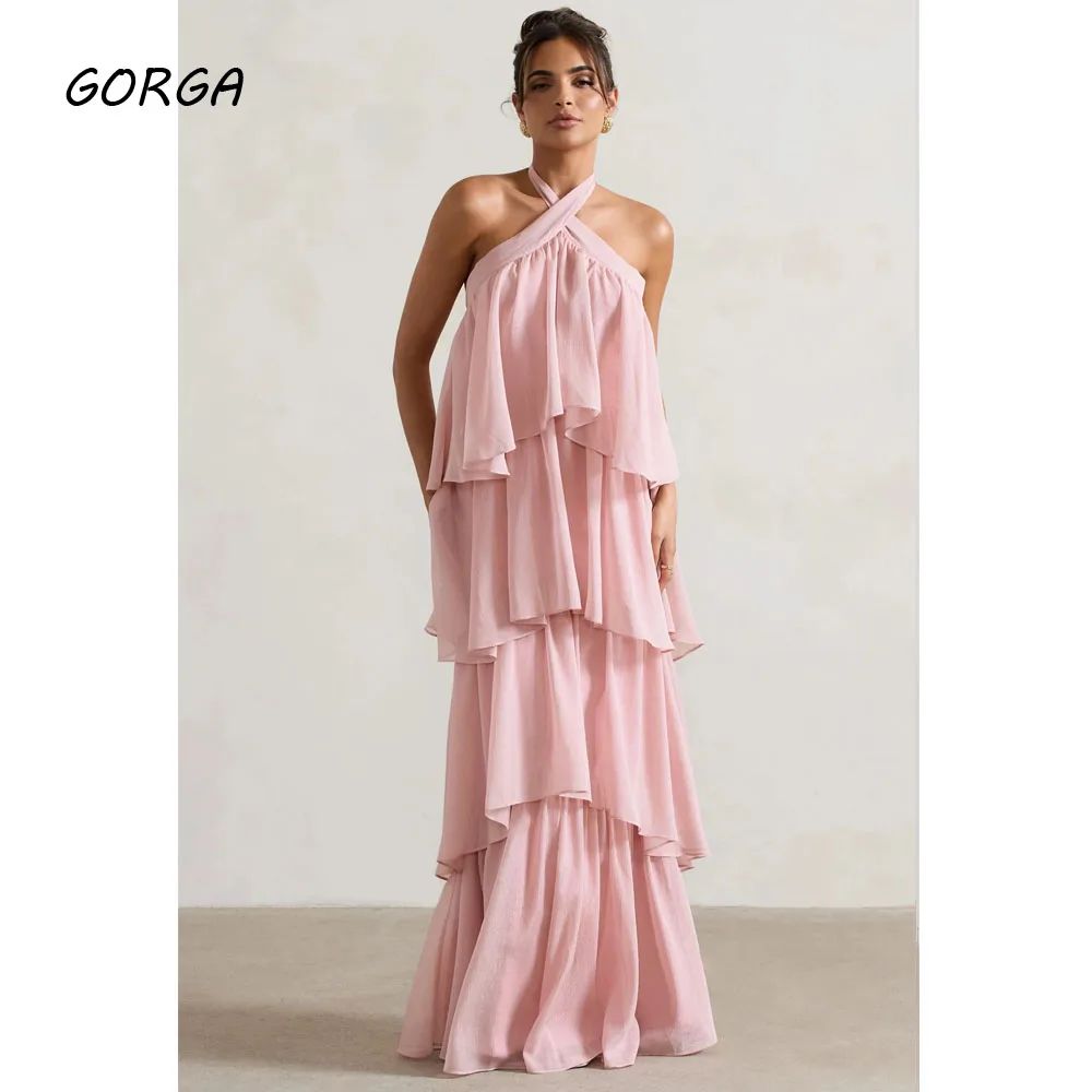 GORGA Customized Pink Floor-Length Chiffon Evening Dress Halter Prom Dress 2025 Backless Long Tiered A-line Party Dress
GORGA Customized Pink Floor-Length Chiffon Evening Dress Halter Prom Dress 2025 Backless Long Tiered A-line Party Dress