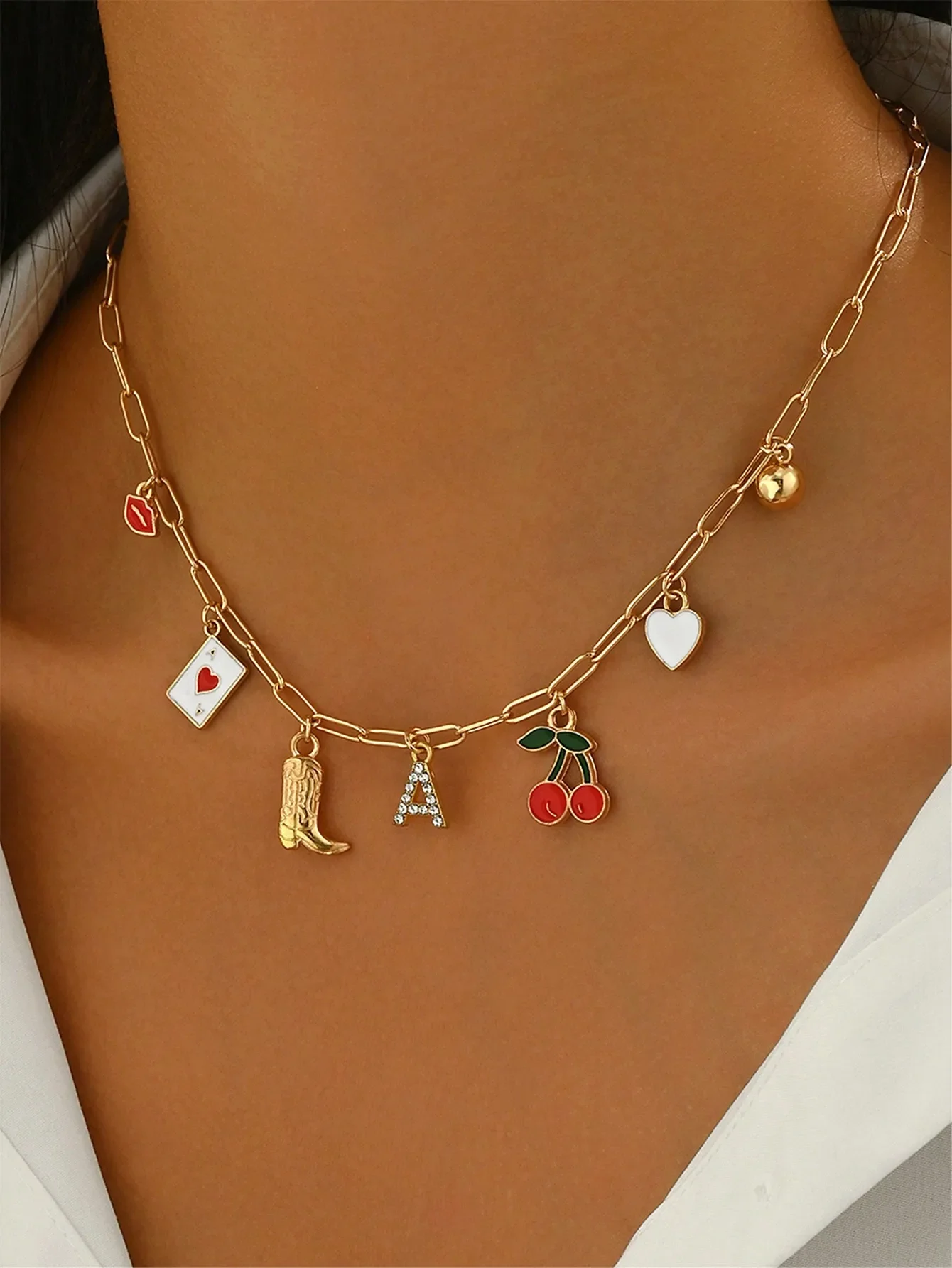 Gold Chain Necklace with Letter, Cherry, Heart & Boot Charms for Women
Gold Chain Necklace with Letter, Cherry, Heart & Boot Charms for Women