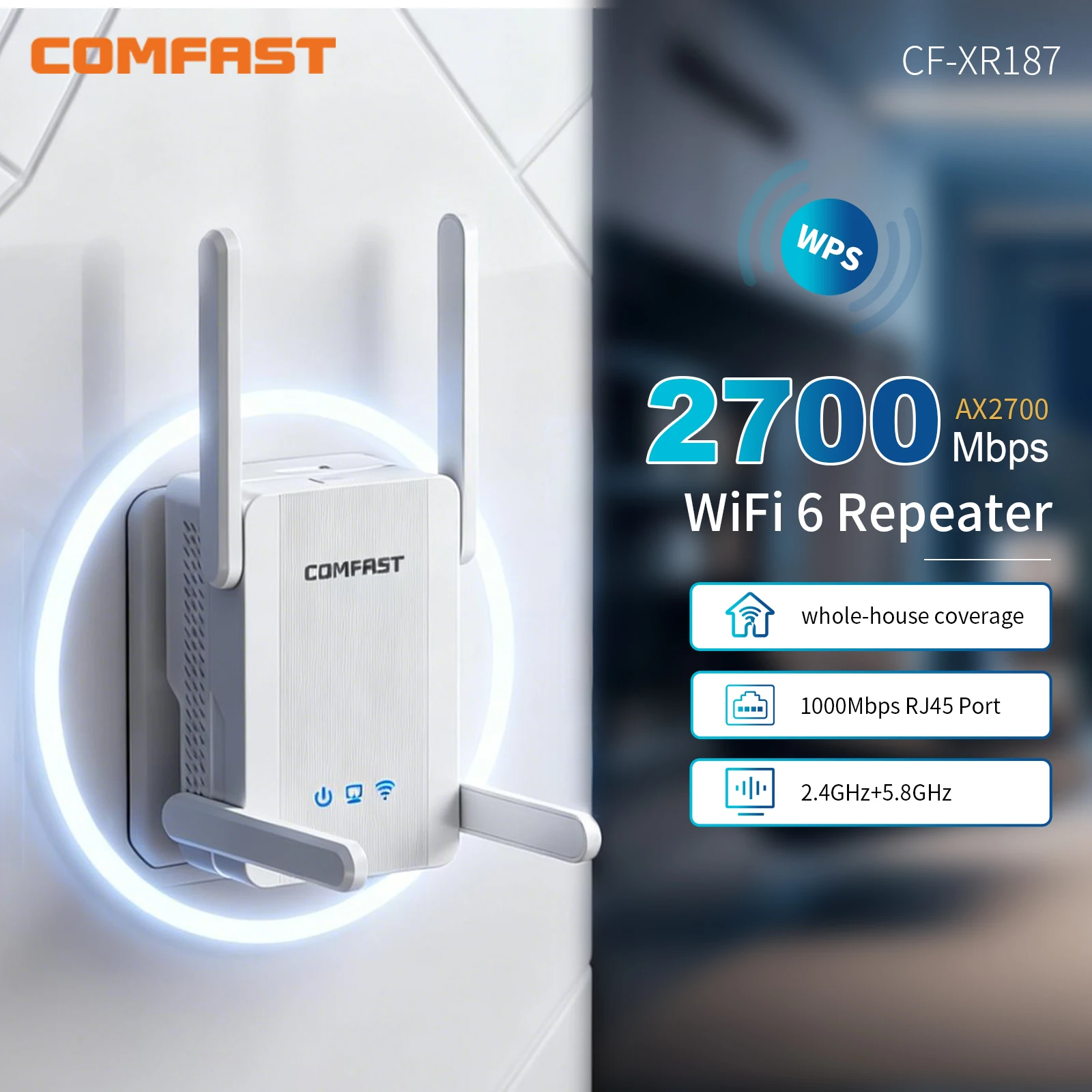 Comfast 2700Mbps Wifi Repeater 2.4/5.8GHz WIFI Extender WIFI6 Long Range Wi-Fi Signal Amplifier AP/Router Mode WPS 1000Mbps RJ45