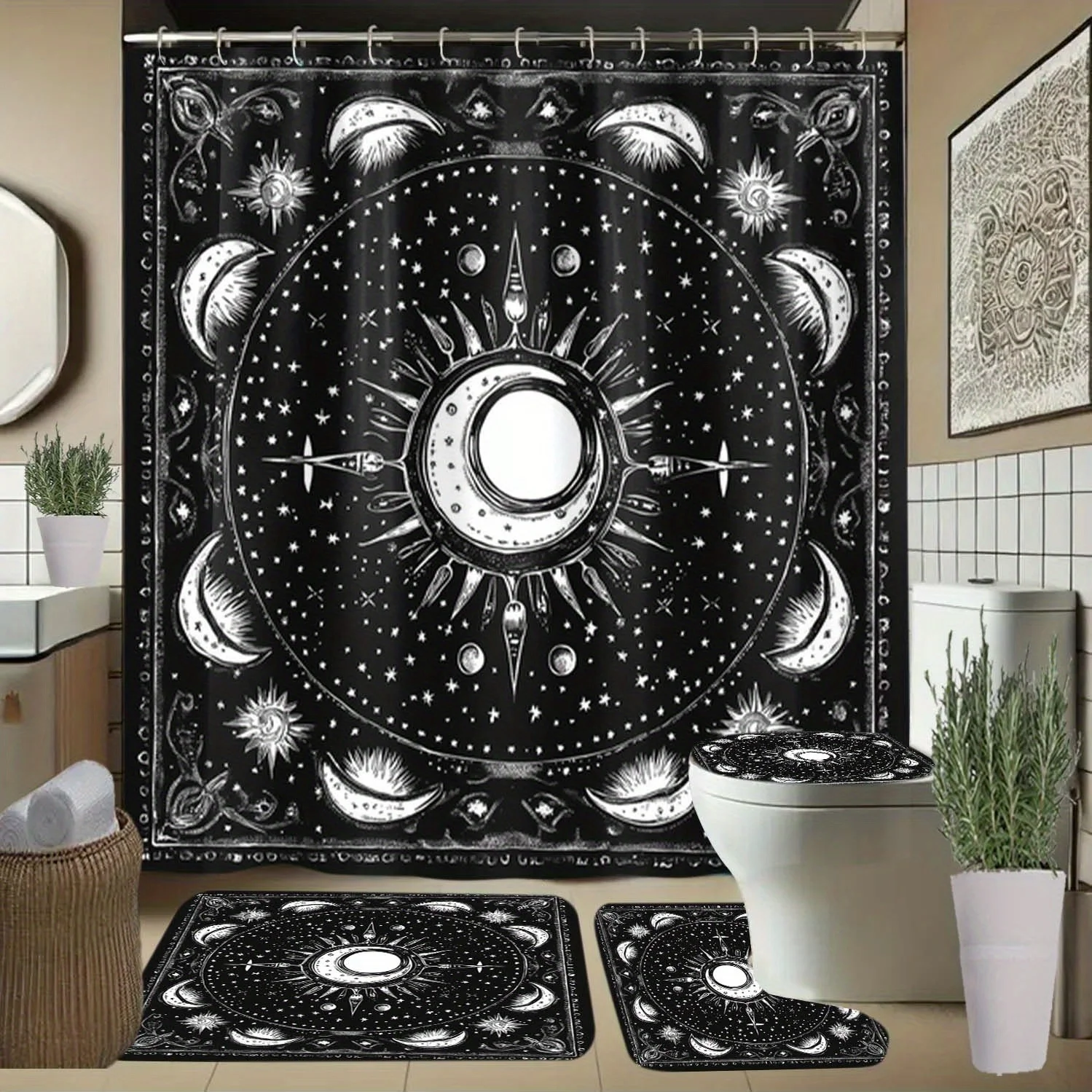 Sun, Moon, Stars Pattern Shower Curtain with Hooks, Bathroom Partition Curtain, Bathroom Accessories, All-Season Elegant Home
Sun, Moon, Stars Pattern Shower Curtain with Hooks, Bathroom Partition Curtain, Bathroom Accessories, All-Season Elegant Home