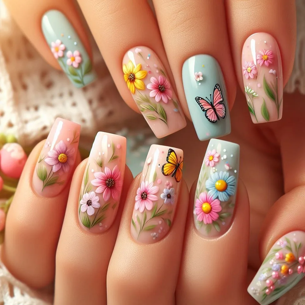 24Pcs Spring Garden Floral Butterfly False Nails with Glue Long Ballet Pastel Blue Acrylic Nail Tip Reusable Sweet Press on Nail
24Pcs Spring Garden Floral Butterfly False Nails with Glue Long Ballet Pastel Blue Acrylic Nail Tip Reusable Sweet Press on Nail