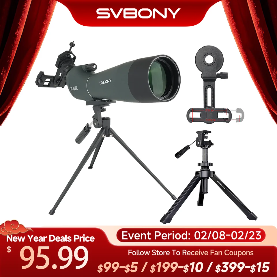 Svbony SV28A Зрительные трубы 20-60x80 мм, новая версия телескопа со штативом и адаптером для телефона, подходит для стрельбы из лука по мишеням
Svbony SV28A Зрительные трубы 20-60x80 мм, новая версия телескопа со штативом и адаптером для телефона, подходит для стрельбы из лука по мишеням