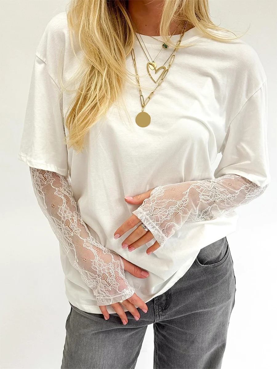 Y2k Women Round Neck T-Shirt Lace Long Sleeve Casual Shirts Spring Fall Loose Fit Tops Ladies Solid Color Tee for Streetwear
Y2k Women Round Neck T-Shirt Lace Long Sleeve Casual Shirts Spring Fall Loose Fit Tops Ladies Solid Color Tee for Streetwear
