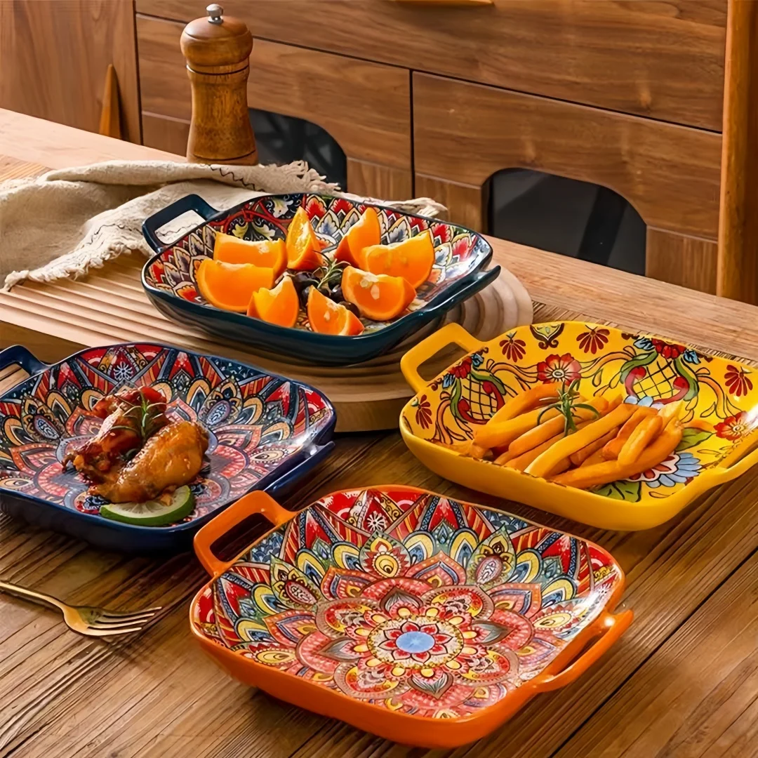 Богемная квадратная керамическая тарелка с двойным ухом, креативная бытовая тарелка, сетка, красная тарелка для спагетти с фруктами, духовка, микроволновая печь-9 дюймов
Богемная квадратная керамическая тарелка с двойным ухом, креативная бытовая тарелка, сетка, красная тарелка для спагетти с фруктами, духовка, микроволновая печь-9 дюймов