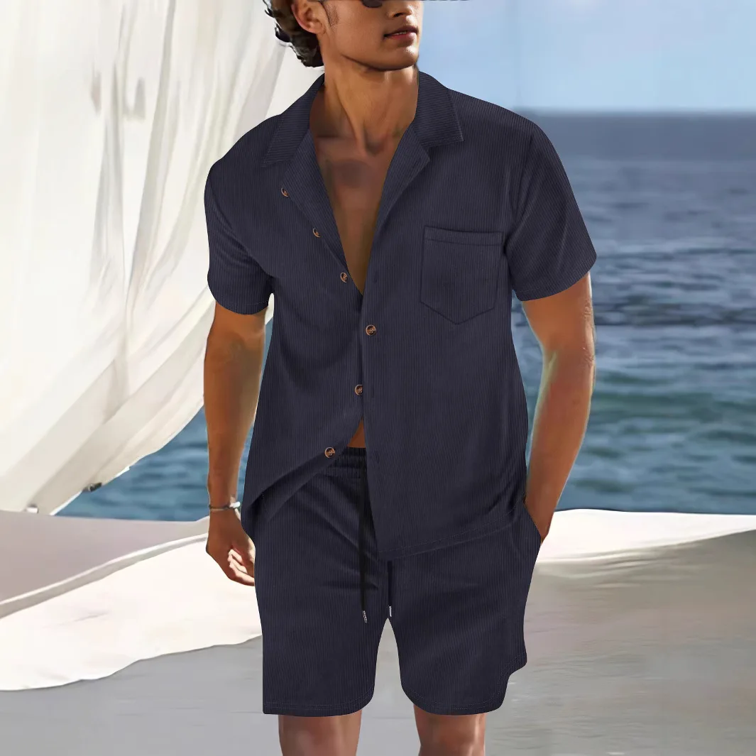 New Men's Collar Shirt Set, Summer Solid Color Vertical Stripe Short Sleeved Shorts Two-piece Set Sweatpants Men Clothes
New Men's Collar Shirt Set, Summer Solid Color Vertical Stripe Short Sleeved Shorts Two-piece Set Sweatpants Men Clothes