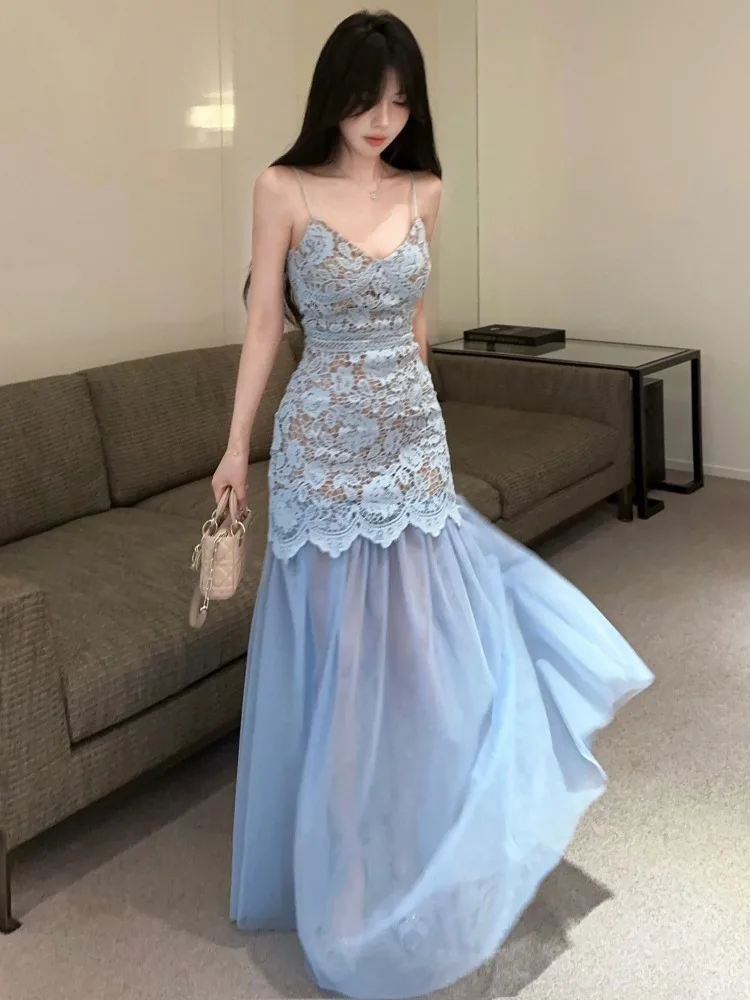 Sexy Pure Desire V-neck Lace Splice Bodycon Dress Design Detachable Hem Net Strap Long Dress Korean Style High Waist Casual Wear
Sexy Pure Desire V-neck Lace Splice Bodycon Dress Design Detachable Hem Net Strap Long Dress Korean Style High Waist Casual Wear