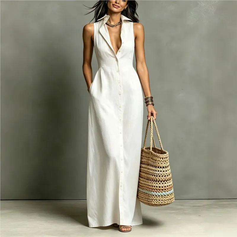 Elegant Solid Women's Shirt Dress Fashion Sleeveless Single Breasted Cardigan Dresses Comfortable Office Vestidos For Ladies
Elegant Solid Women's Shirt Dress Fashion Sleeveless Single Breasted Cardigan Dresses Comfortable Office Vestidos For Ladies