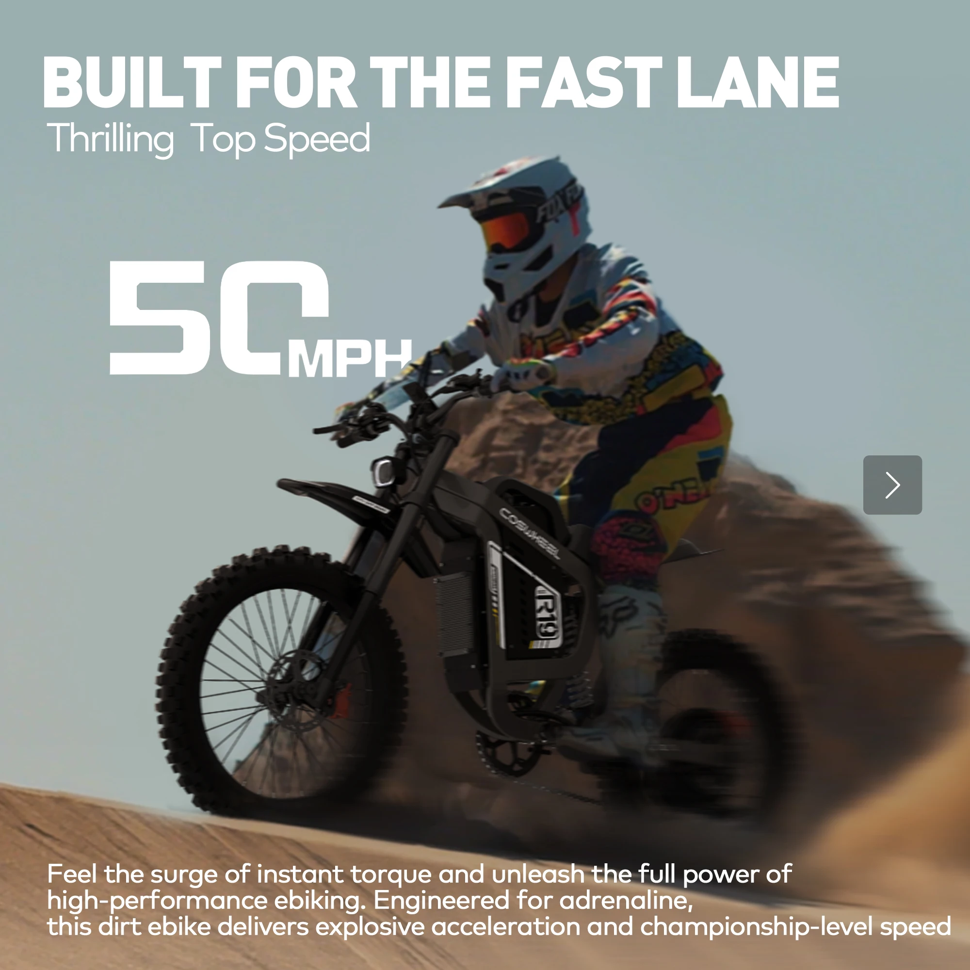 Электрический мотоцикл COSWHEEL R19, 6000 Вт, 72 В/40 Ач, максимальный пробег 124 мили, максимальная скорость 50 миль/ч, горный электрический мотоцикл для бездорожья
Электрический мотоцикл COSWHEEL R19, 6000 Вт, 72 В/40 Ач, максимальный пробег 124 мили, максимальная скорость 50 миль/ч, горный электрический мотоцикл для бездорожья