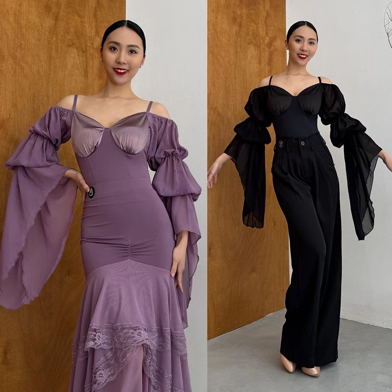 Latin Ballroom Dance Tops Women Mesh Large Sleeves Purple Black Leotards Waltz Dance Clothing Performance Practice Wear BL17228
Latin Ballroom Dance Tops Women Mesh Large Sleeves Purple Black Leotards Waltz Dance Clothing Performance Practice Wear BL17228