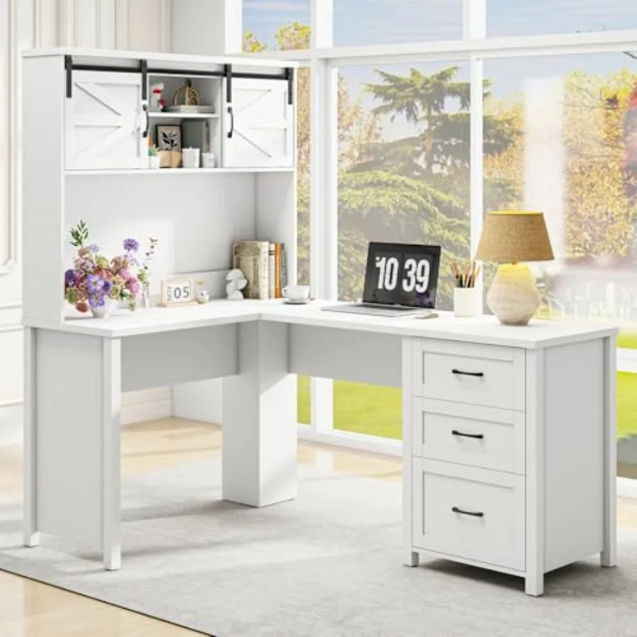 Farmhouse 68" H L Shaped Desk with Hutch, Office Table with 3 Drawers and Sliding Doors, Executive Desk with File Drawers, Wood
Farmhouse 68" H L Shaped Desk with Hutch, Office Table with 3 Drawers and Sliding Doors, Executive Desk with File Drawers, Wood