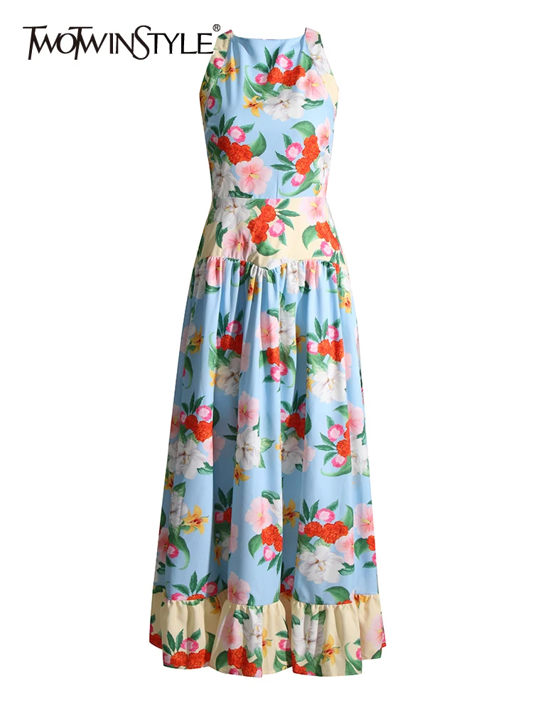 TWOTWINSTYLE Backless Print Long Dresses For Women Round Neck Sleeveless High Waist Spliced Ruffles Dresses Female Clothing New
TWOTWINSTYLE Backless Print Long Dresses For Women Round Neck Sleeveless High Waist Spliced Ruffles Dresses Female Clothing New