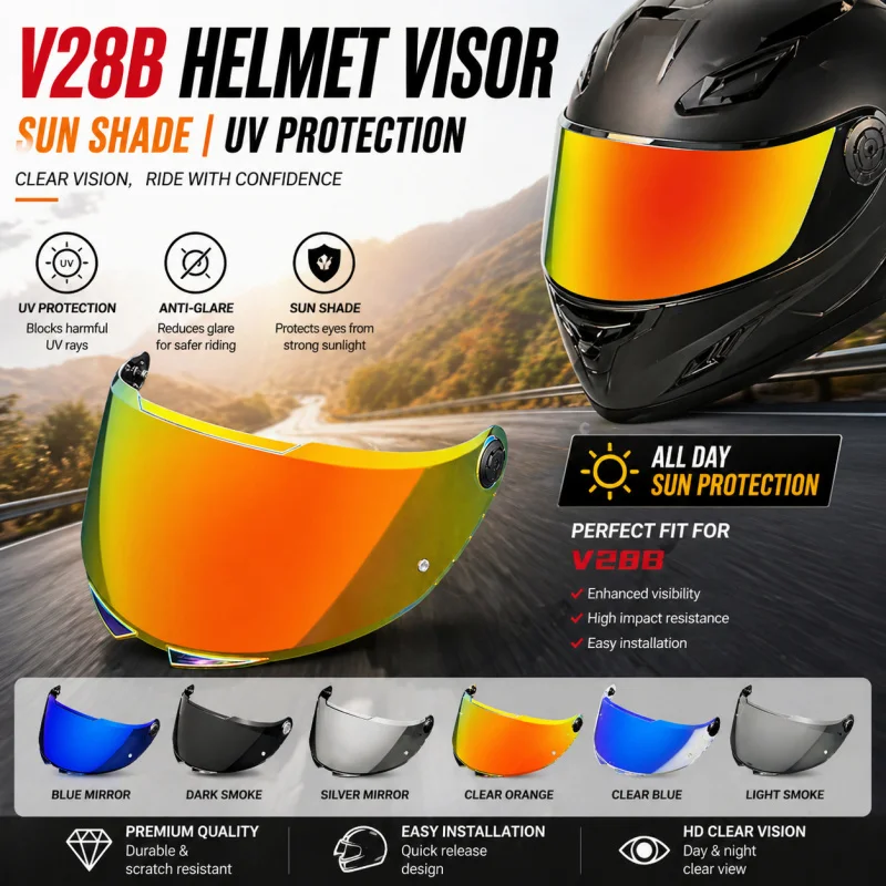V28B Helmet Visor for Thor 4/3 Pro/Stinger 2/Yusu, Electroplated Mirror Lens, UV Protection Sunshade Anti-Glare Windproof Shield
V28B Helmet Visor for Thor 4/3 Pro/Stinger 2/Yusu, Electroplated Mirror Lens, UV Protection Sunshade Anti-Glare Windproof Shield