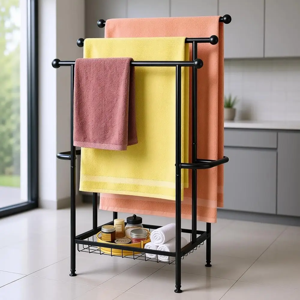 3-Tier 39 Black Metal Towel Rack with Storage Basket for Bathroom, Outdoor, and Oversized Towels
3-Tier 39 Black Metal Towel Rack with Storage Basket for Bathroom, Outdoor, and Oversized Towels