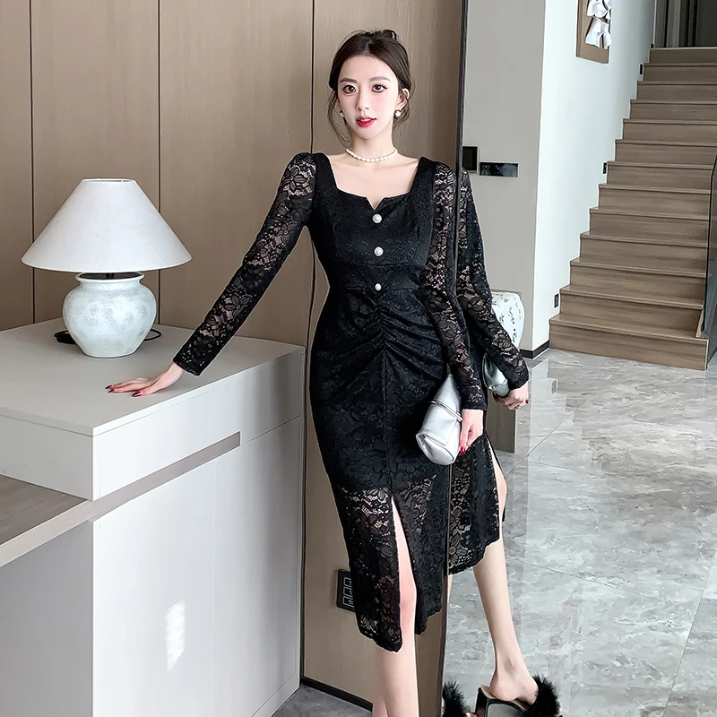 Coigarsam Women Dress 2024 Vintage Lace Long Sleeve Shirring Square Collar High Waist Black Dresses
Coigarsam Women Dress 2024 Vintage Lace Long Sleeve Shirring Square Collar High Waist Black Dresses