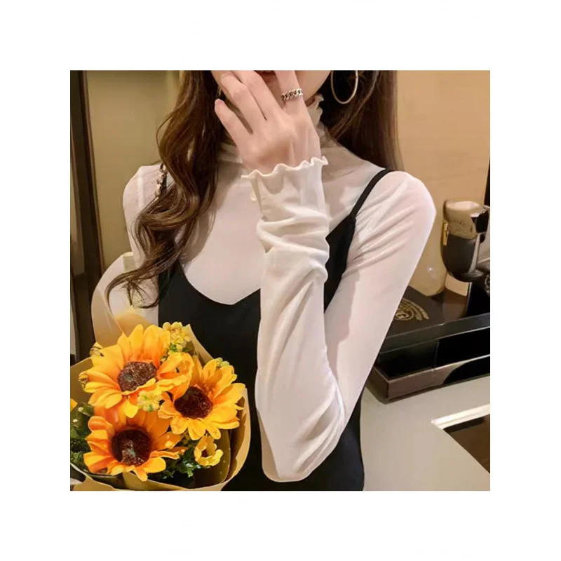 Turtleneck Mesh Bottoming Shirt Women's Early Autumn Foreign-style Sweater with Black Lace Gauze Inside, Thin Transparent Top
Turtleneck Mesh Bottoming Shirt Women's Early Autumn Foreign-style Sweater with Black Lace Gauze Inside, Thin Transparent Top