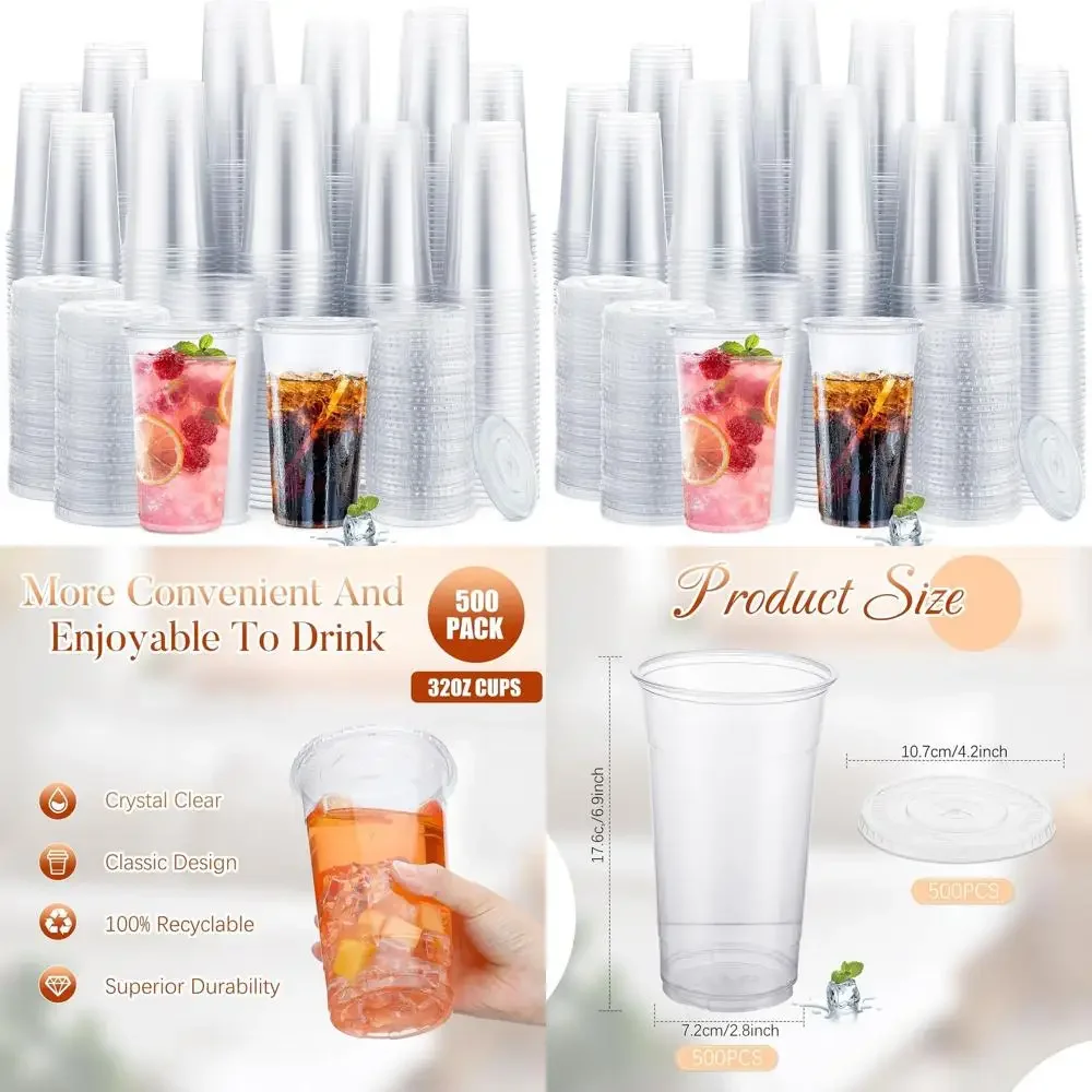 500 Pack 32oz Clear Plastic Cups with Lids - Disposable Cold Drink Cups for Parties, Iced Coffee, Shakes, Soda, and Juice
500 Pack 32oz Clear Plastic Cups with Lids - Disposable Cold Drink Cups for Parties, Iced Coffee, Shakes, Soda, and Juice